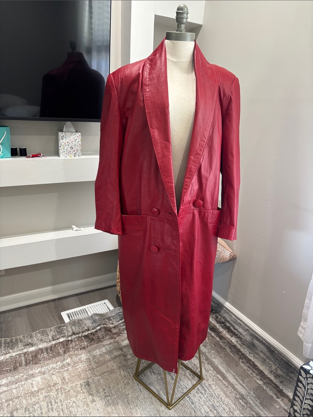 Long Red Leather Blazer Coat for Women VTG